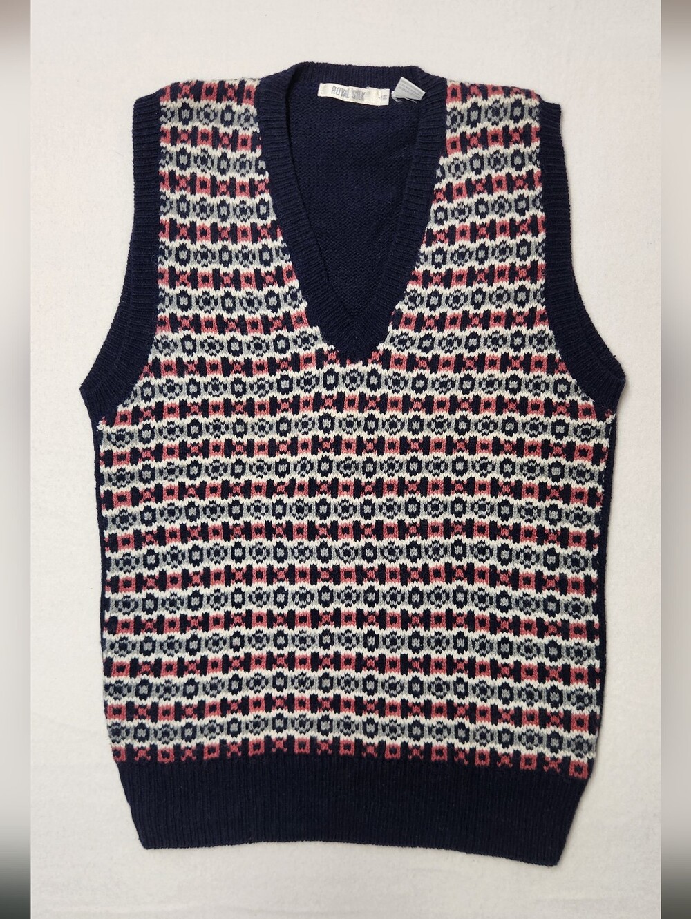 Royal Silk Navy Fair Isle V-Neck Sweater Vest Silk Wool Cotton Dark Academia M